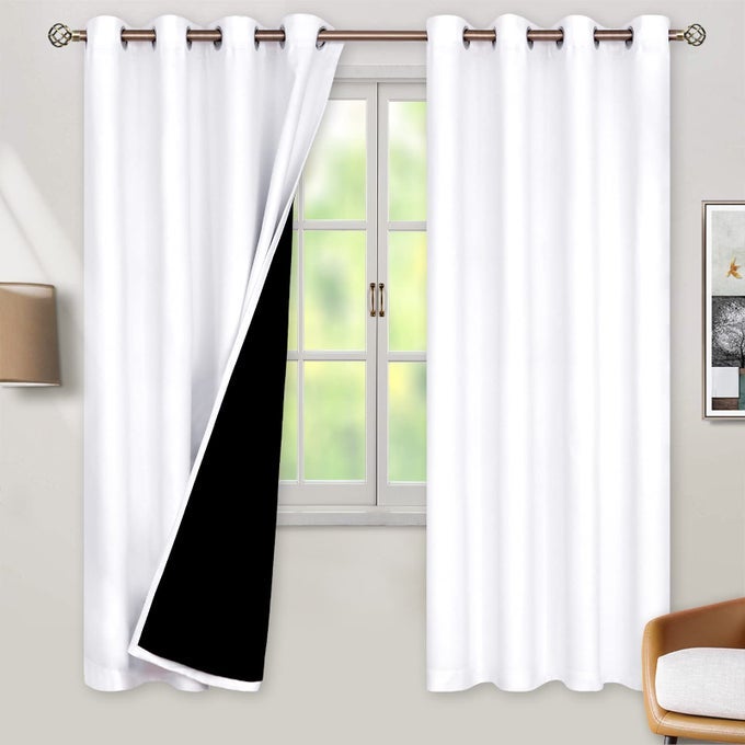 Thermal Insulated 100 Blackout Curtains for Bedroom with Black Liner Double Layer Full Room Darkening Noise Reducing Grommet Curtain 52 x 72 Inch Pure White 2 Panels