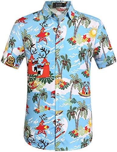 SSLR Men's Santa Claus Party Tropical Ugly Hawaiian Christmas Shirts (Large, Blue) - Image 1