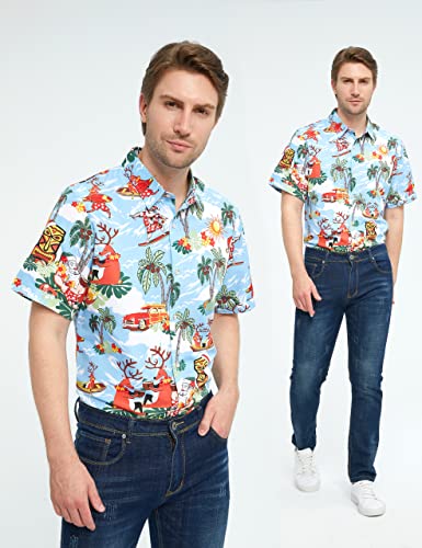 SSLR Men's Santa Claus Party Tropical Ugly Hawaiian Christmas Shirts (Large, Blue) - Image 4