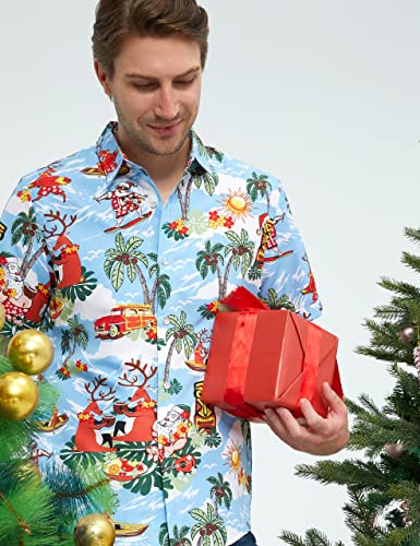 SSLR Men's Santa Claus Party Tropical Ugly Hawaiian Christmas Shirts (Large, Blue) - Image 2