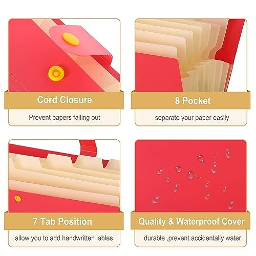 NISUN 8 Pocket Expanding File Folder Letter A4 (Fits A4 Paper) Paper Expanding File Folder Pockets for School Office Home - Red - Image 3