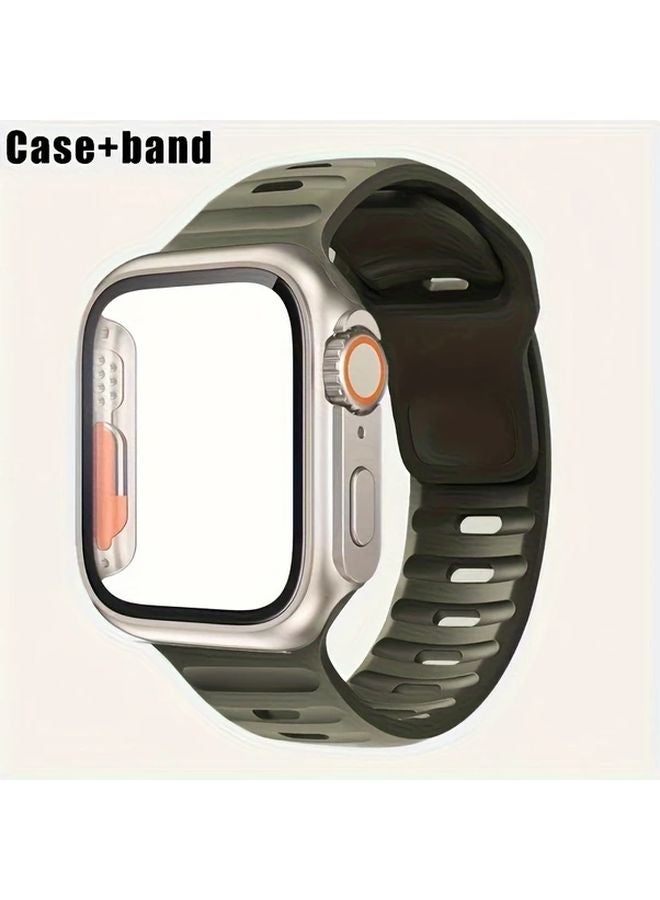 Silicone Strap For iWatch Series SE 6 5 4 44mm With Tempered Glass Cover Dark Green - Image 1