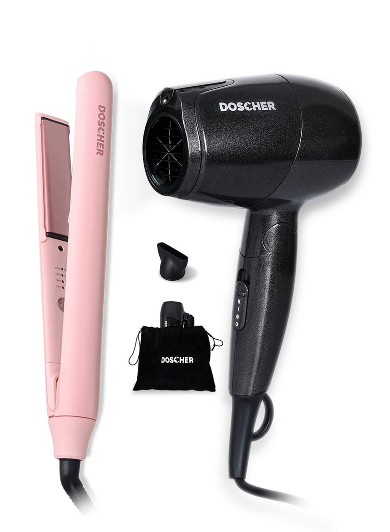 DOSCHER Ceramic Hair Straightener and Curler with 3D Floating Ceramic Plates – Anti-Scald Rounded Design, Up to 230°C (450℉) High Heat, Dual Voltage, Auto Shut Off, 2m Swivel Cord, 2 Year Warranty & Portable Foldable Hair Dryer 1000W with Concentrator Nozzle & Travel Pouch, 3 Speed Settings, Compact Lightweight Design, 2m Cord with Velcro Strap, Dual Voltage Blow Dryer for Home & TravelBundle - Image 1