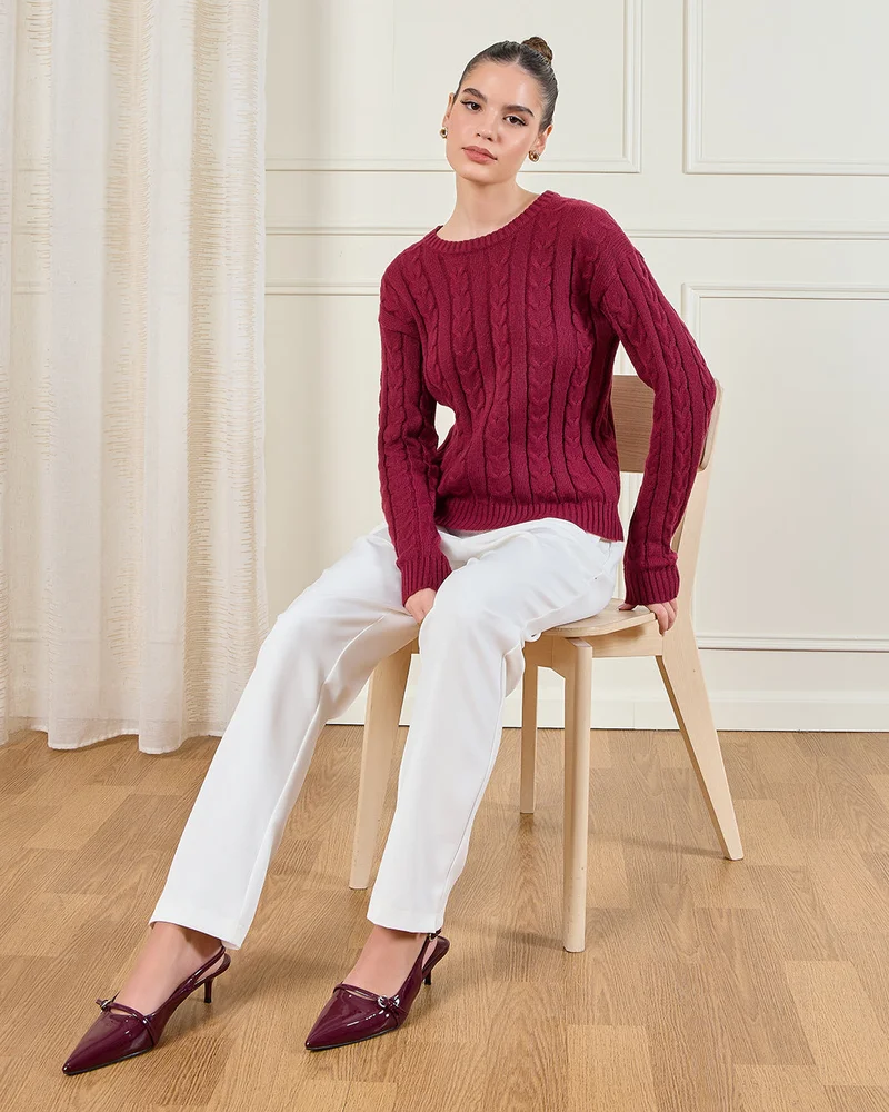 Redtag Women Burgundy Jacquard Knit Pullover
