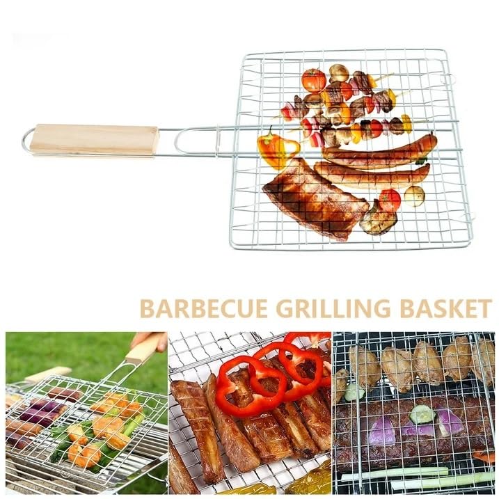Snevad Grill Basket Folding Portable Stainless Steel BBQ Net Basket With Wooden Handle for Corn Fish Vegetable Steak Shrimp Barbecue Wire Grid Rack Accessories Kitchen Camping 39x21x15 CM - Image 4
