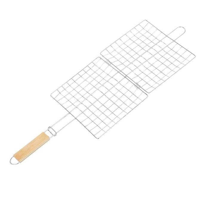 Snevad Grill Basket Folding Portable Stainless Steel BBQ Net Basket With Wooden Handle for Corn Fish Vegetable Steak Shrimp Barbecue Wire Grid Rack Accessories Kitchen Camping 39x21x15 CM - Image 2