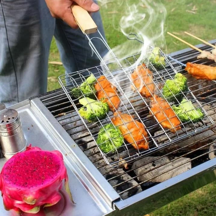 Snevad Grill Basket Folding Portable Stainless Steel BBQ Net Basket With Wooden Handle for Corn Fish Vegetable Steak Shrimp Barbecue Wire Grid Rack Accessories Kitchen Camping 39x21x15 CM - Image 5