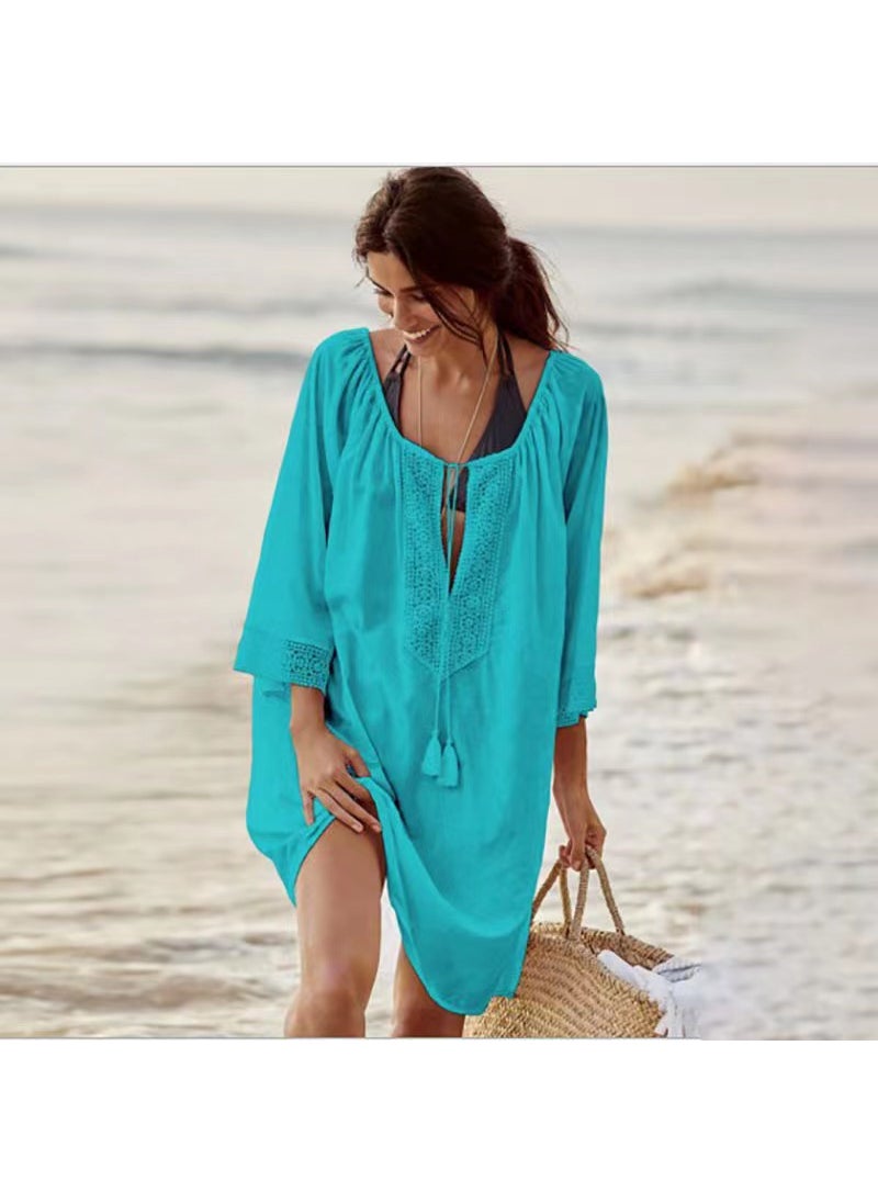 Generic Summer V-Neck Plus-Size Fashion Beachwear Cover-Up Dress Lake Blue 
