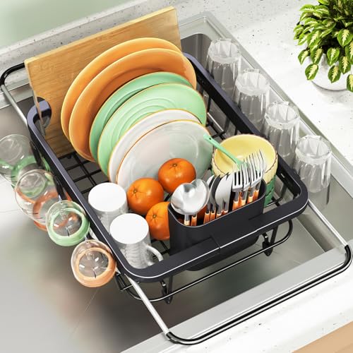 Expandable Dish Drying Rack Over The Sink Adjustable Dish Rack in Sink Rustproof Dish Drainer for Kitchen Counter Dish Strainer with Utensil Holder Standard Size