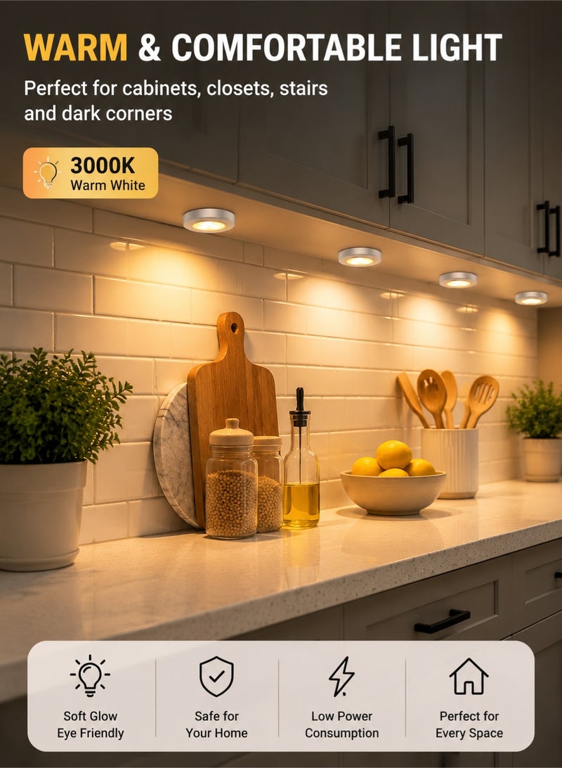 اوليو طقم 4 مصابيح LED تعمل بالضغط بالبطارية (البطاريات غير متضمنة)، إضاءة لاصقة صغيرة لاسلكية للخزائن والمطبخ وغرف النوم والسلالم والسيارة، إضاءة بيضاء دافئة - Image 2