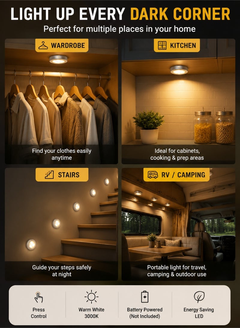 اوليو طقم 4 مصابيح LED تعمل بالضغط بالبطارية (البطاريات غير متضمنة)، إضاءة لاصقة صغيرة لاسلكية للخزائن والمطبخ وغرف النوم والسلالم والسيارة، إضاءة بيضاء دافئة - Image 4