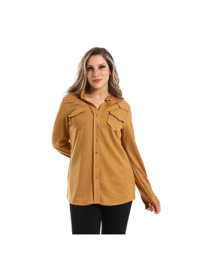 Esla ESLA Long-sleeved Long Plain Shirt Camel  - Image 1
