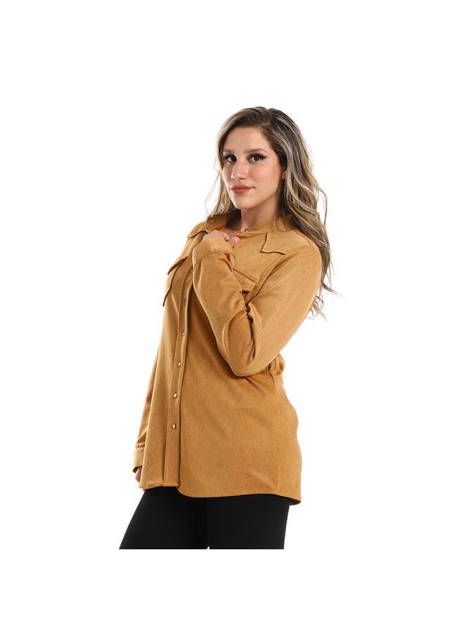 Esla ESLA Long-sleeved Long Plain Shirt Camel  - Image 2