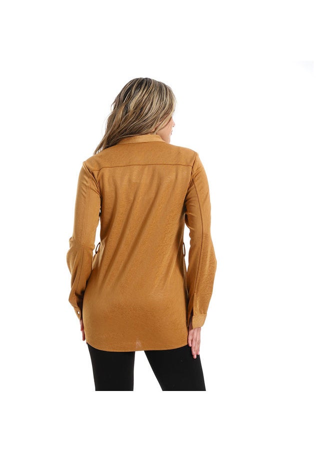 Esla ESLA Long-sleeved Long Plain Shirt Camel  - Image 3