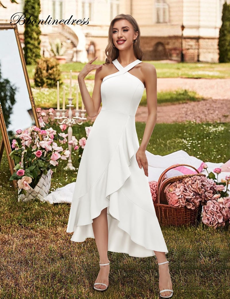 Bbonlinedress Women White Wedding Cocktail Halter Prom Dress Bride Bridal Shower Summer Beach Ruffled Maxi Hi-lo Dress White XS - Image 2