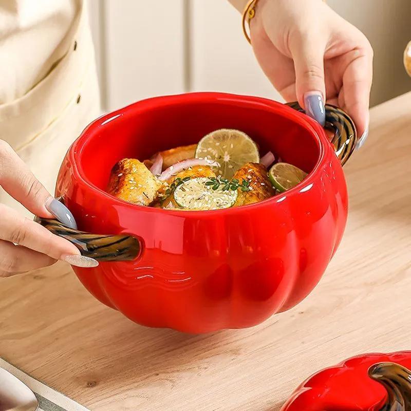 Saucepan: Red Large Pumpkin-shaped Ceramic Pot - High-temperature Fired Durable Glaze Ergonomic Comfort Grip Handle for Home Kitchen Dining - Image 3