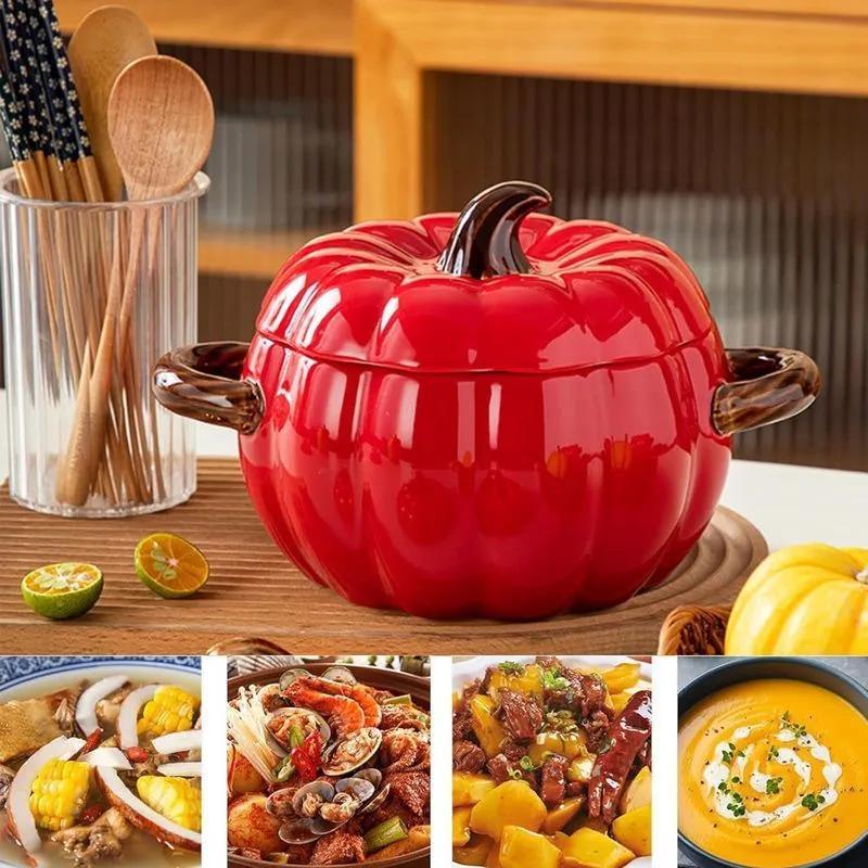 Saucepan: Red Large Pumpkin-shaped Ceramic Pot - High-temperature Fired Durable Glaze Ergonomic Comfort Grip Handle for Home Kitchen Dining - Image 4