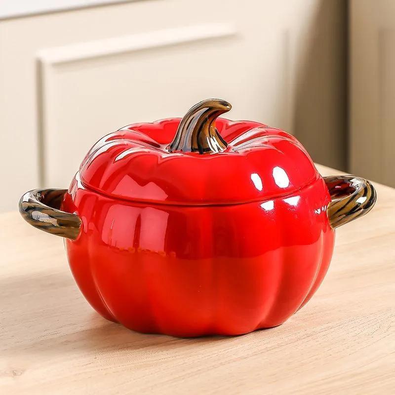 Saucepan: Red Large Pumpkin-shaped Ceramic Pot - High-temperature Fired Durable Glaze Ergonomic Comfort Grip Handle for Home Kitchen Dining - Image 1