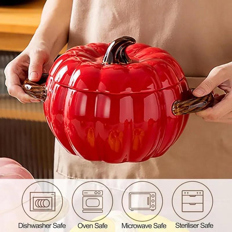 Saucepan: Red Large Pumpkin-shaped Ceramic Pot - High-temperature Fired Durable Glaze Ergonomic Comfort Grip Handle for Home Kitchen Dining - Image 5