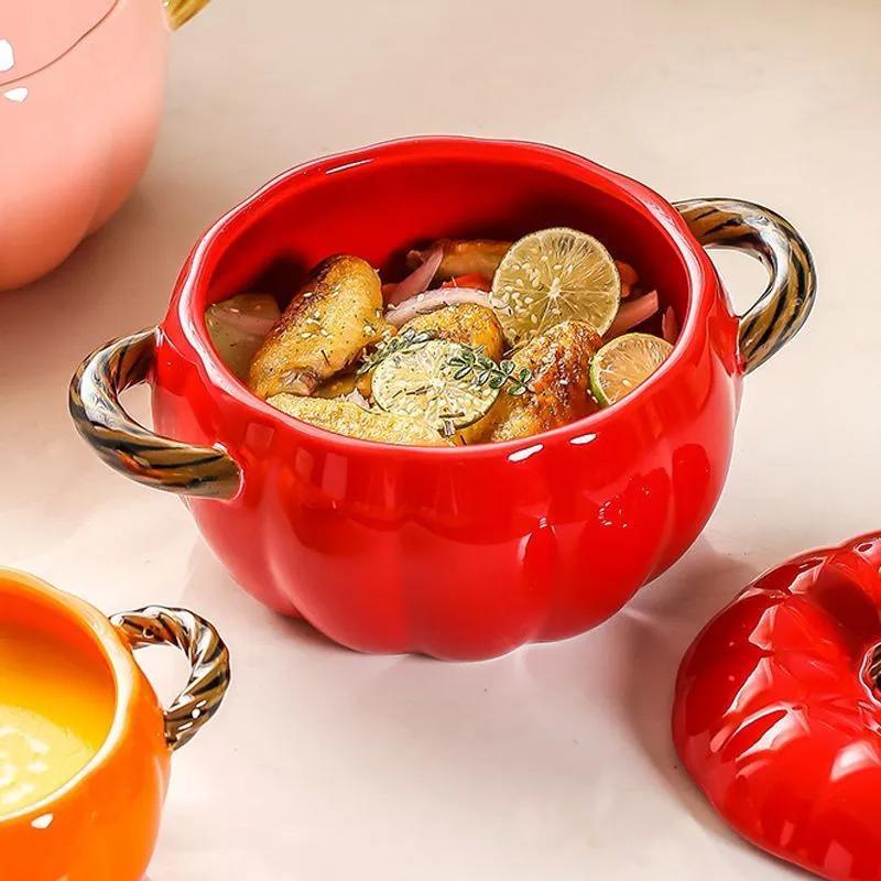 Saucepan: Red Large Pumpkin-shaped Ceramic Pot - High-temperature Fired Durable Glaze Ergonomic Comfort Grip Handle for Home Kitchen Dining - Image 2