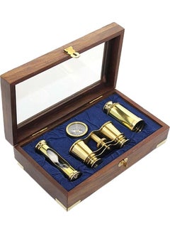 Keyfim Shop Wooden Boxed Brass Binoculars Compass and Hourglass Set-1 