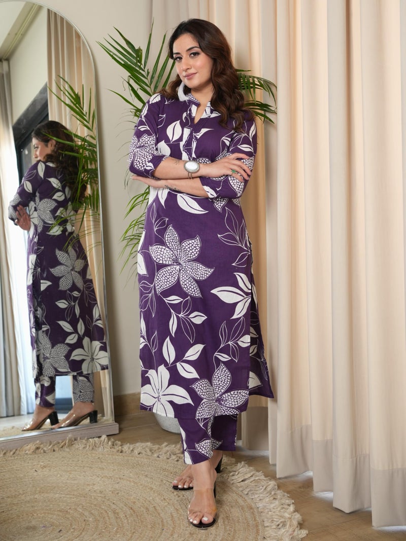 Arayna Women's Pure Cotton Floral Printed Ethnic Kurta Set with Pants, Purple, Large - Image 3