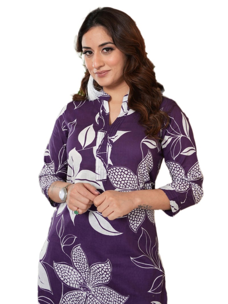 Arayna Women's Pure Cotton Floral Printed Ethnic Kurta Set with Pants, Purple, Large - Image 1