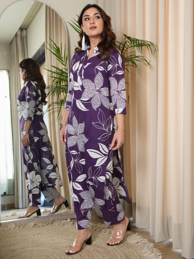 Arayna Women's Pure Cotton Floral Printed Ethnic Kurta Set with Pants, Purple, Large - Image 5