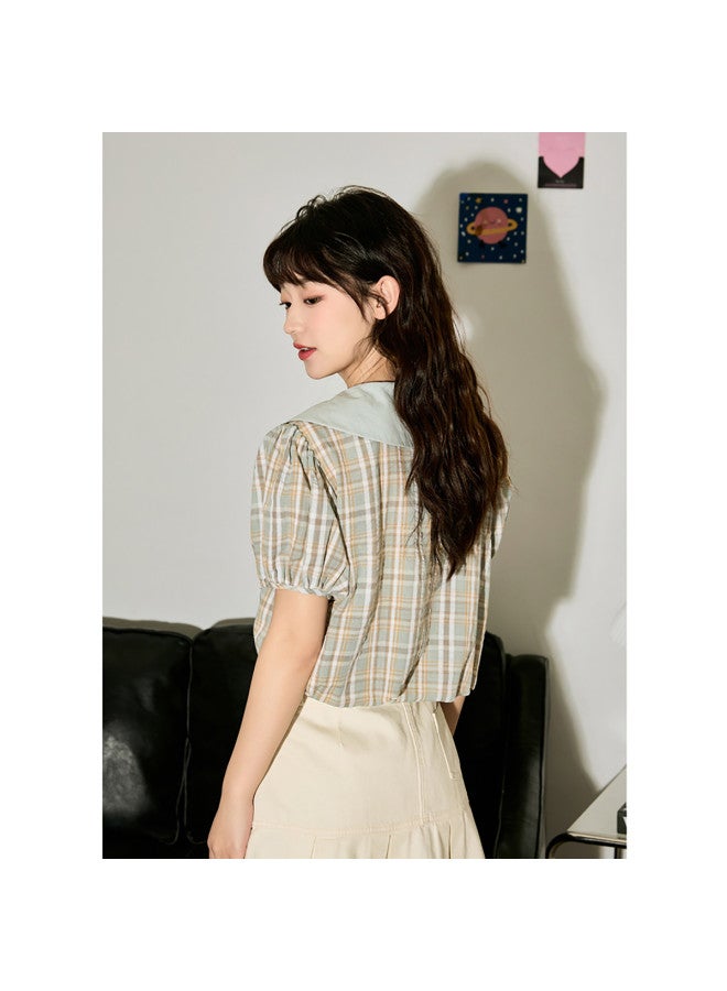 TonLion Summer Women's Checkered 3d Small Label Peter Pan Collar Short Sleeve Shirt - Cute Korean Style Versatile Top - Image 4
