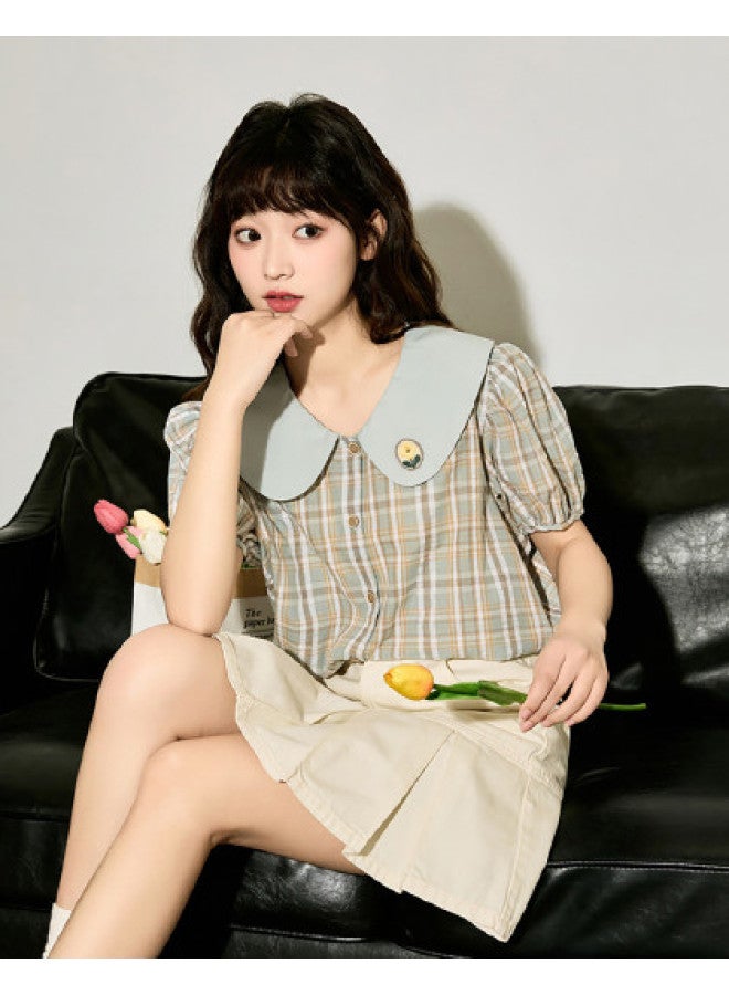TonLion Summer Women's Checkered 3d Small Label Peter Pan Collar Short Sleeve Shirt - Cute Korean Style Versatile Top - Image 1