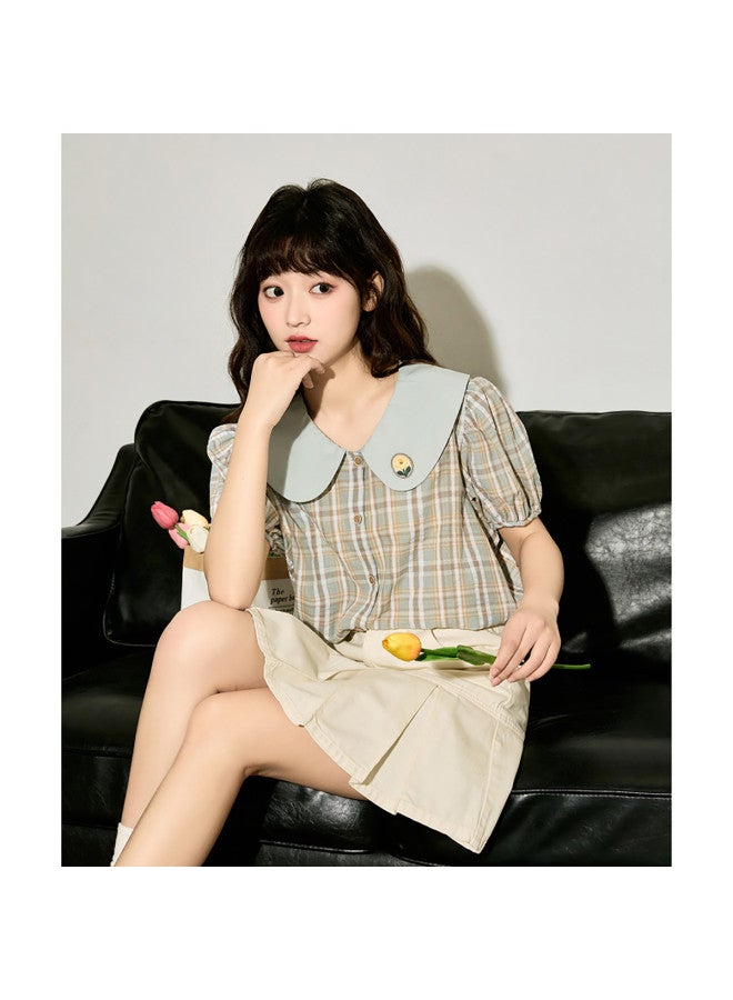 TonLion Summer Women's Checkered 3d Small Label Peter Pan Collar Short Sleeve Shirt - Cute Korean Style Versatile Top - Image 2
