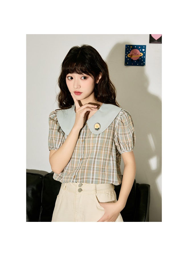 TonLion Summer Women's Checkered 3d Small Label Peter Pan Collar Short Sleeve Shirt - Cute Korean Style Versatile Top - Image 5