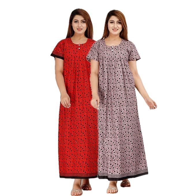 Vlazom Women’s Cotton Printed Maxi Nighty – Ankle Length Night Dress Gown, Pack of 2, Free Size – Soft & Breathable Sleepwear (Red&Purple, Free Size) - Image 1