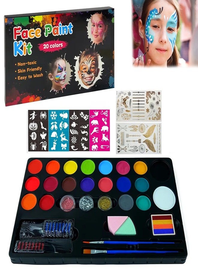 WISKA Face and Body Paint Kit for Kids: 20 Water Based, Non-Toxic Oil Palette, Ideal for Parties, Halloween Makeup - Includes 3 Glitters, 2 Hair Chalk Combs, 2 Paint Brushes, 32 Stencils - Image 1