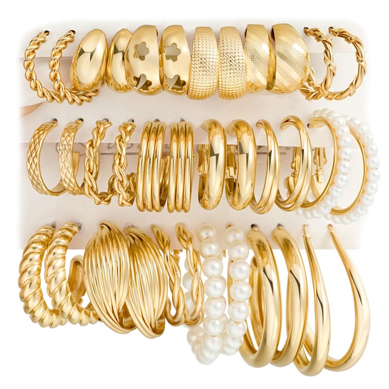YEEZII Gold Hoop Earrings Set for Women, 18 Pairs Hypoallergenic Chunky Open Pearl Hoops Earring Multipack, Gold Statement Hoop Earrings for Women Trendy Jewelry Gift - Image 1