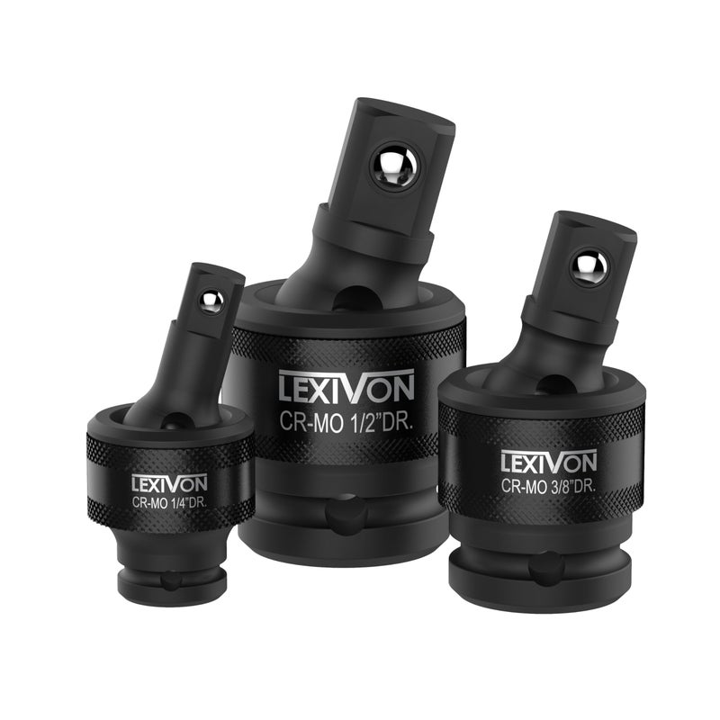 LEXIVON Premium Impact Universal Joint Socket Swivel Set 3Piece Ball Spring Design 12 38 and 14 UJoint Drive CrMo Steel Full Impact Grade LX113