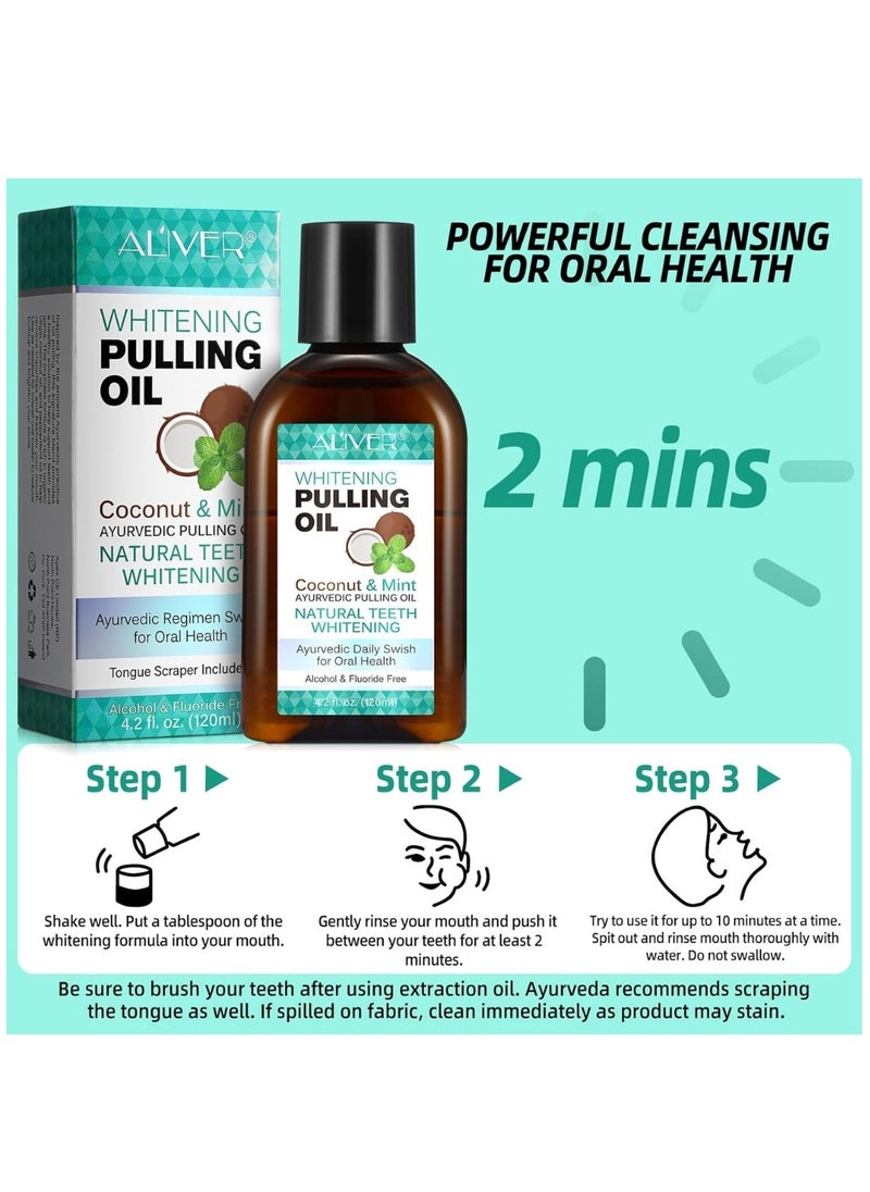 ALIVER 120ml Coconut Oil Pulling Mouth Wash with Coconut and Peppermint Oil Ayurvedic Mouthwash for Fresh Breath Teeth Whitening Mint Pulling Mouthwash Natural Essential Oil Mouthwash with Tongue Scraper  - Image 2