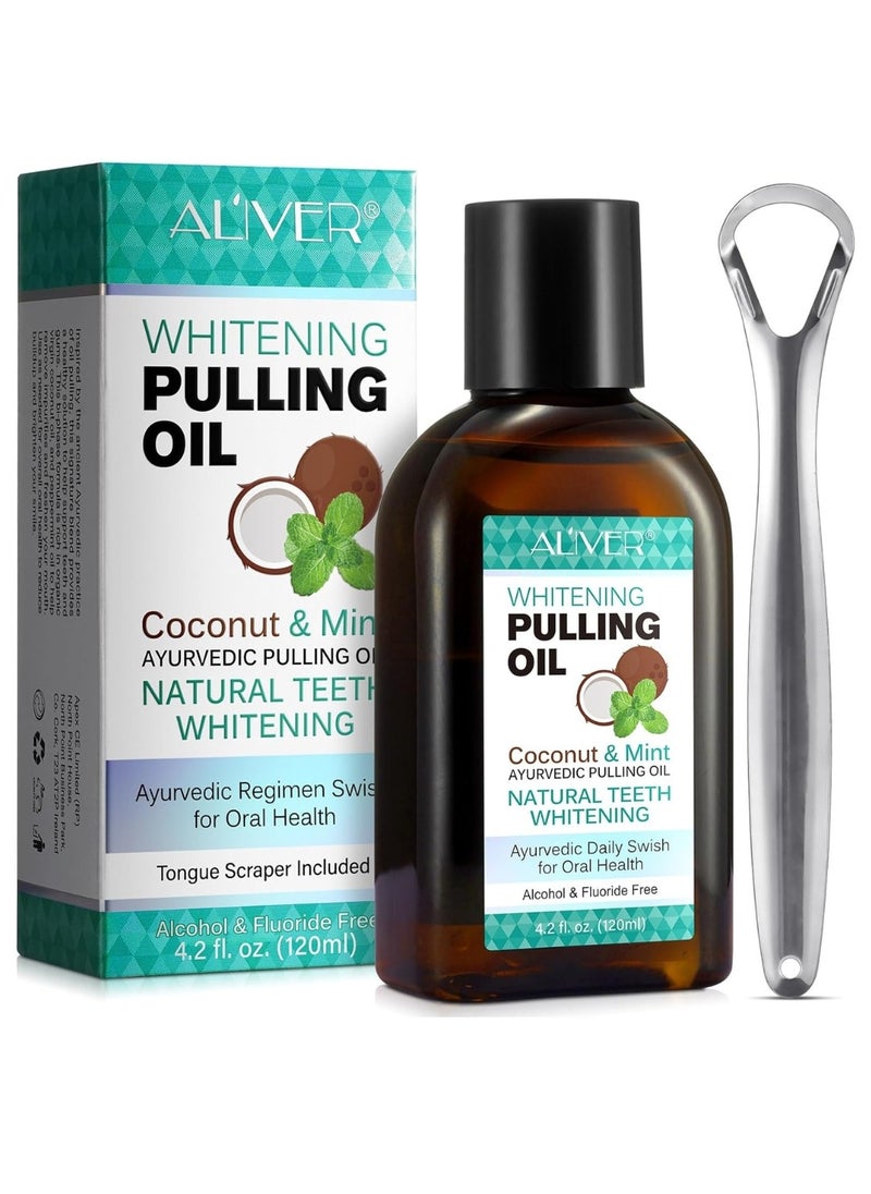 ALIVER 120ml Coconut Oil Pulling Mouth Wash with Coconut and Peppermint Oil Ayurvedic Mouthwash for Fresh Breath Teeth Whitening Mint Pulling Mouthwash Natural Essential Oil Mouthwash with Tongue Scraper  - Image 1