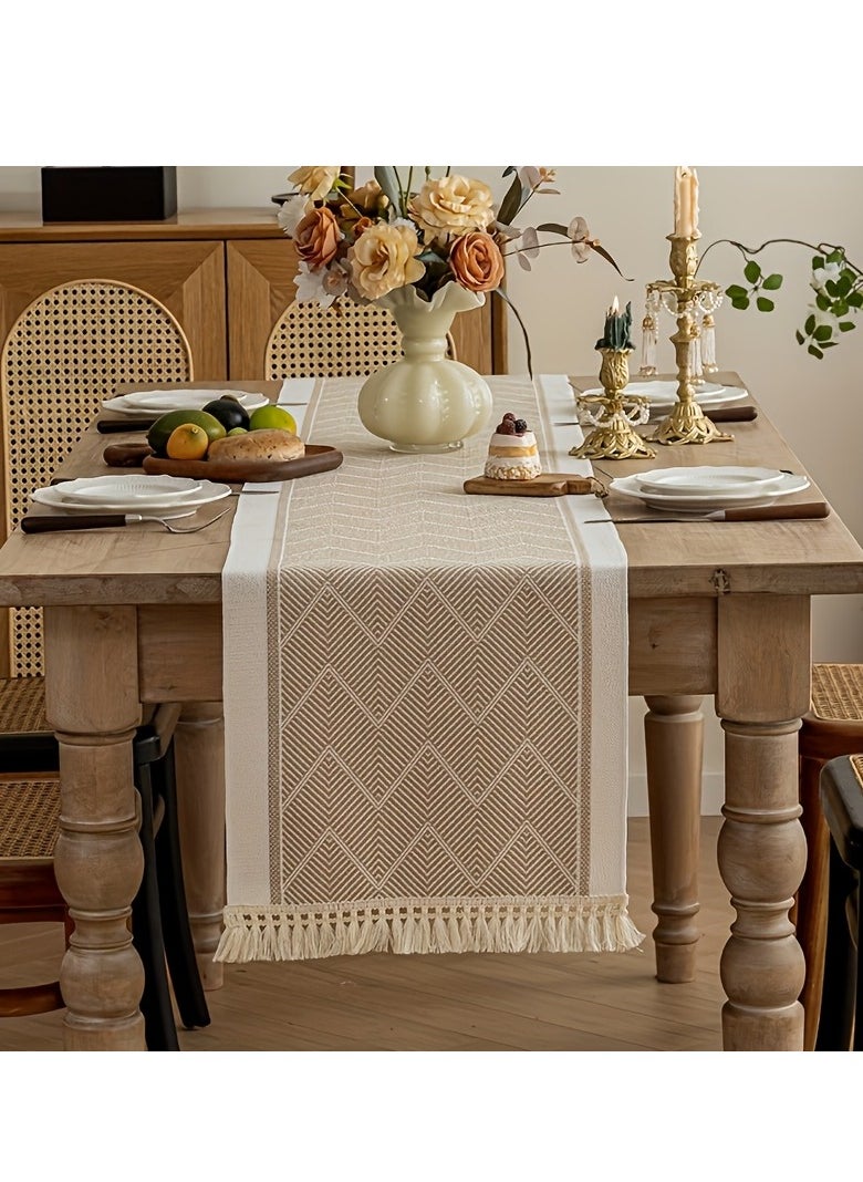 Generic 1pc Woven Polyester Table Runner with Fringe Tassels – Boho Farmhouse Style 14"x72" Rectangular Table Cover for Dining Room, Home, Party, Hotel, Restaurant, Baby Shower, Thanksgiving, Easter, Christmas, Valentine’s Day Decor  - Image 2