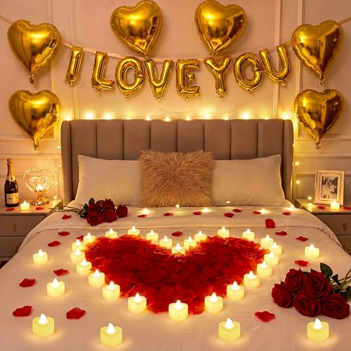 Seematn Gold Valentines Day Balloon Kit with 16 Inch I Love You Letter Banner 6 Pcs18 Inch Heart Balloons 24 Pcs Flameless Candles 2000 Pcs Fake Rose Petal for Galentines Party Bridal Shower Decor - Image 1