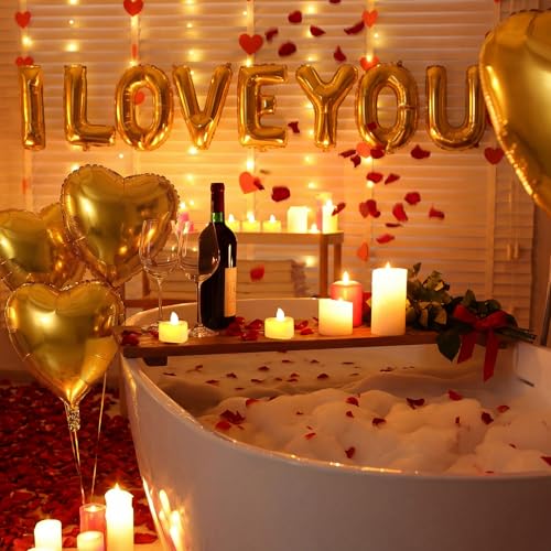 Seematn Gold Valentines Day Balloon Kit with 16 Inch I Love You Letter Banner 6 Pcs18 Inch Heart Balloons 24 Pcs Flameless Candles 2000 Pcs Fake Rose Petal for Galentines Party Bridal Shower Decor - Image 5