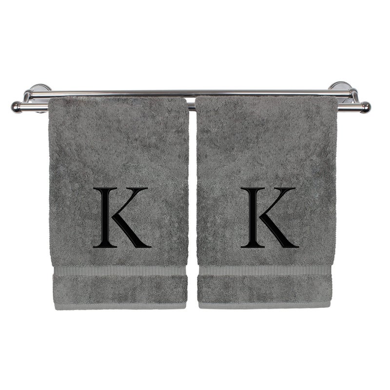 BC BARE COTTON Monogrammed Hand Towel  Personalized Gift  Set of 2- Black Block Letter Embroidered Towel - Extra Absorbent 100% Turkish Cotton - Soft Terry Finish - Initial K Gray - Image 1