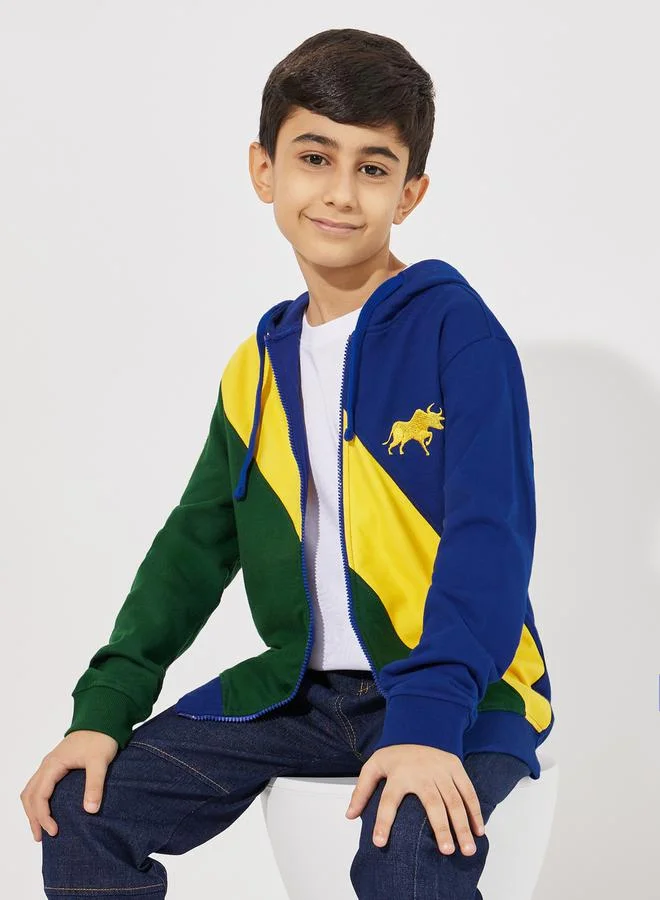 Styli Colorblock Logo Embroidered Zip Through Hoodie