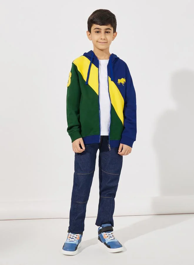 Styli Colorblock Logo Embroidered Zip Through Hoodie