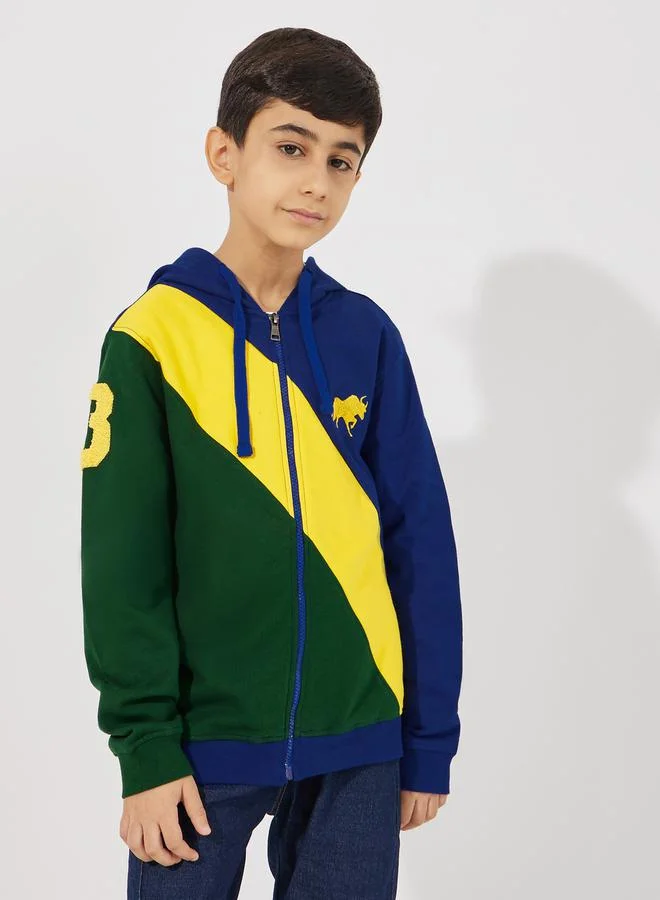 Styli Colorblock Logo Embroidered Zip Through Hoodie