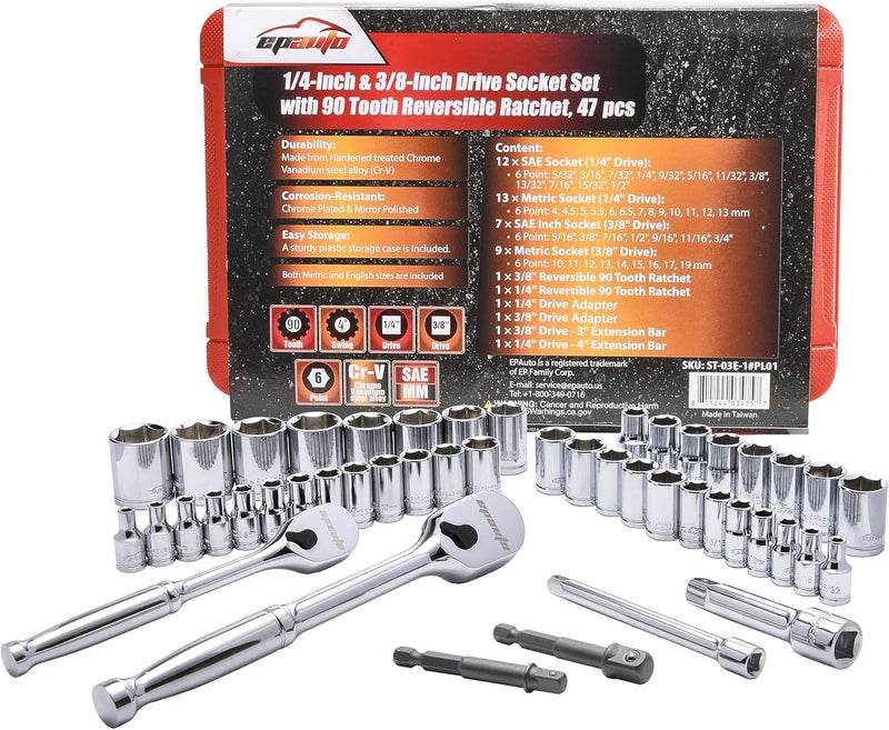 EPAuto 47 Pieces 1/4-Inch and 3/8-Inch Drive Socket Set with 90 Tooth Reversible Ratchet - Image 1