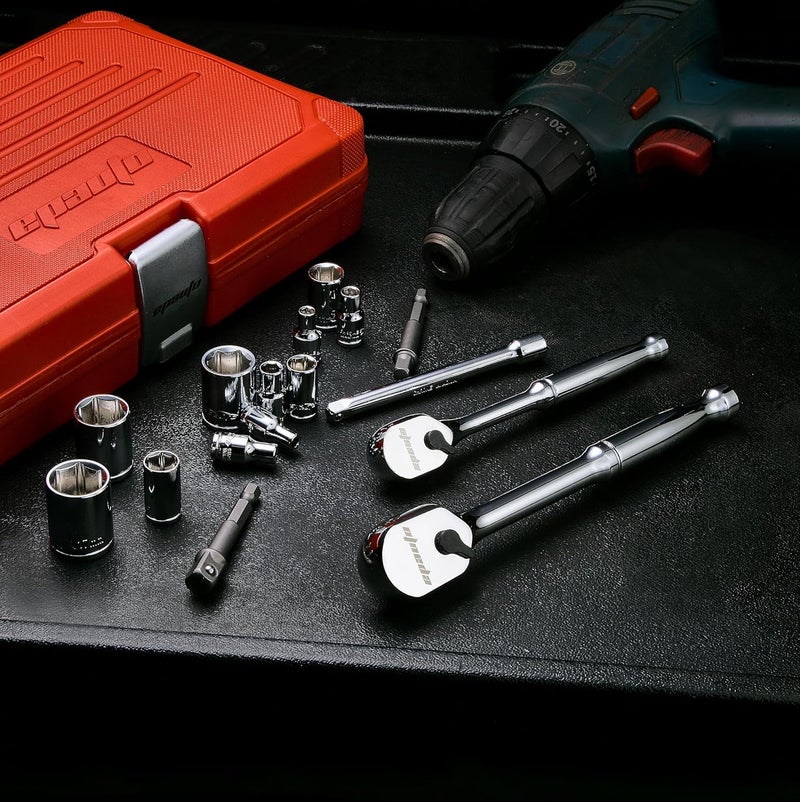 EPAuto 47 Pieces 1/4-Inch and 3/8-Inch Drive Socket Set with 90 Tooth Reversible Ratchet - Image 2