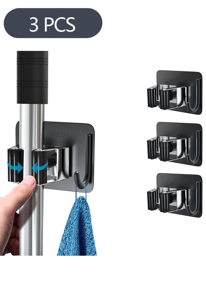 Ant 3-Piece Stainless Steel Mop Broom Holder, Adhesive Mop Broom Organizer, Wall Mounted Heavy Duty with Hooks Hanger for Kitchen Bathroom - Image 1