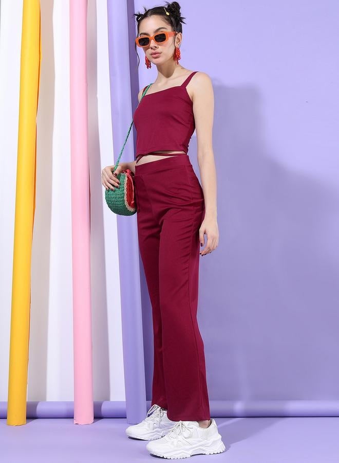 Tokyo Talkies Solid Strappy Crop Top with High Rise Trousers Co-Ords - Image 2