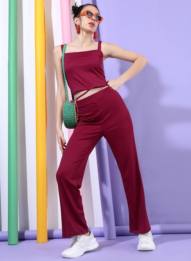 Tokyo Talkies Solid Strappy Crop Top with High Rise Trousers Co-Ords - Image 1